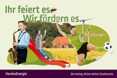 Auf dem Bild sieht man einen Jungen auf einer Rutsche, einen Jungen mit einem Saxophon und eine Fußballerin.