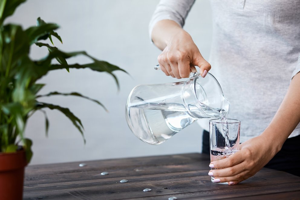 Person füllt Glas mit Wasser aus Krug. Das Bild zeigt eine Person, die Wasser aus einem Krug in ein Glas gießt. Im Hintergrund ist eine Pflanze zu sehen.