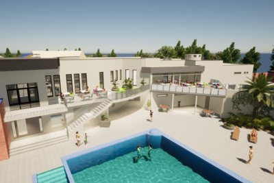 Das Bild zeigt eine moderne Architektur eines Freizeitzentrums mit einem Schwimmbad.