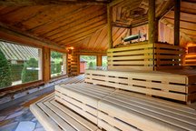Das Bild zeigt das Innere einer Sauna mit großzügig angeordneten Bänken aus Holz.