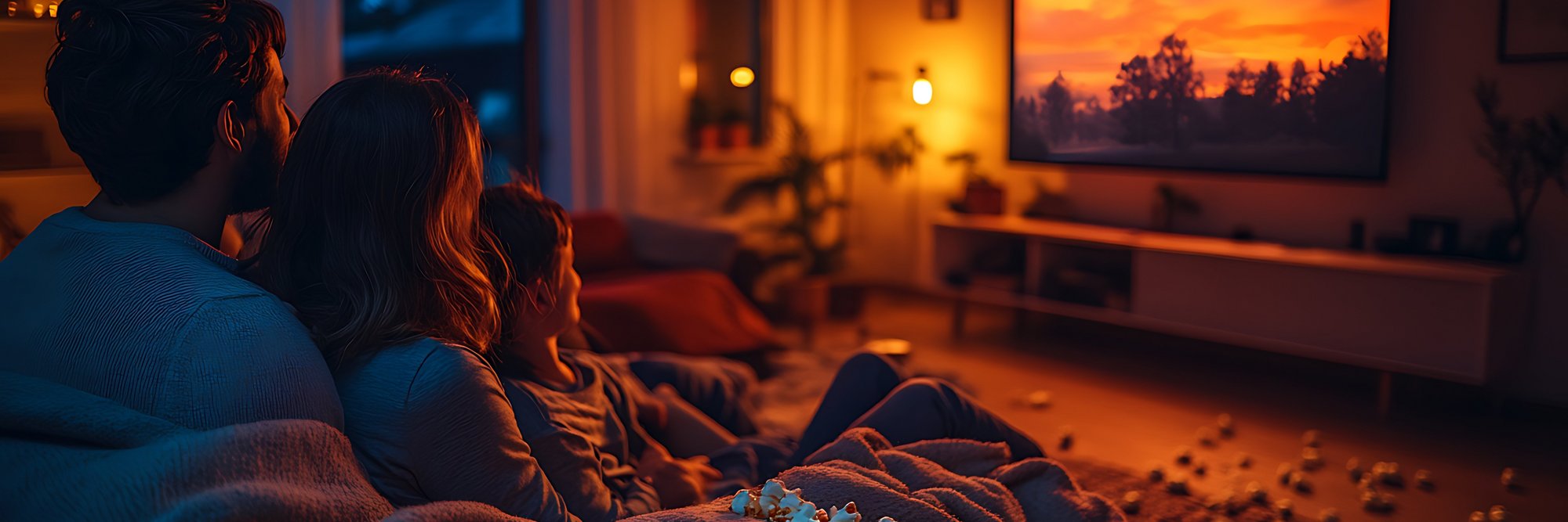 Drei Personen auf einem Sofa in einem warmen, gemütlichen Zimmer und schauen auf einen Fernseher. Drei Personen sitzen auf dem Sofa in einem warmen, gemütlichen Zimmer und schauen auf einen Fernseher.